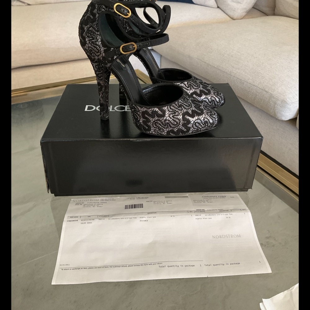 Dolce & Gabbana Decollete Glitter Pizzo Argento black lace platform pump, 39 - Picture 7 of 8